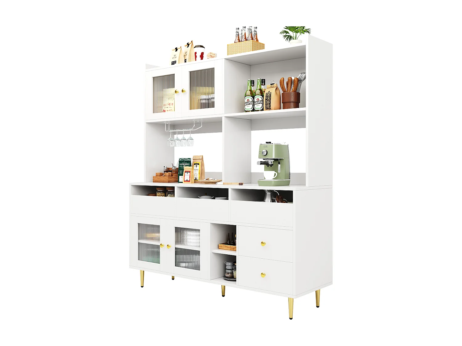 Armoire haute salle à manger 145×39×171cm, Portes verre Chambray, Casier à verres, Rangement multi-niveaux, Blanc et accents dorés