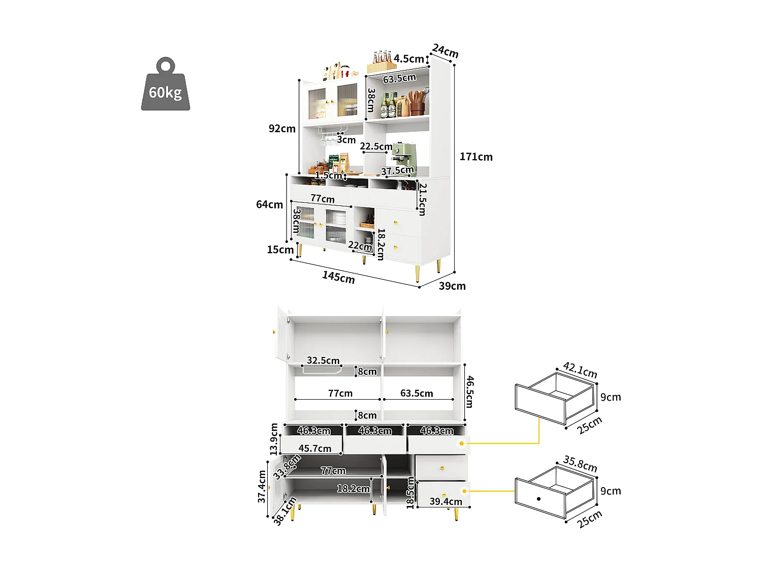 Armoire haute salle à manger 145×39×171cm, Portes verre Chambray, Casier à verres, Rangement multi-niveaux, Blanc et accents dorés