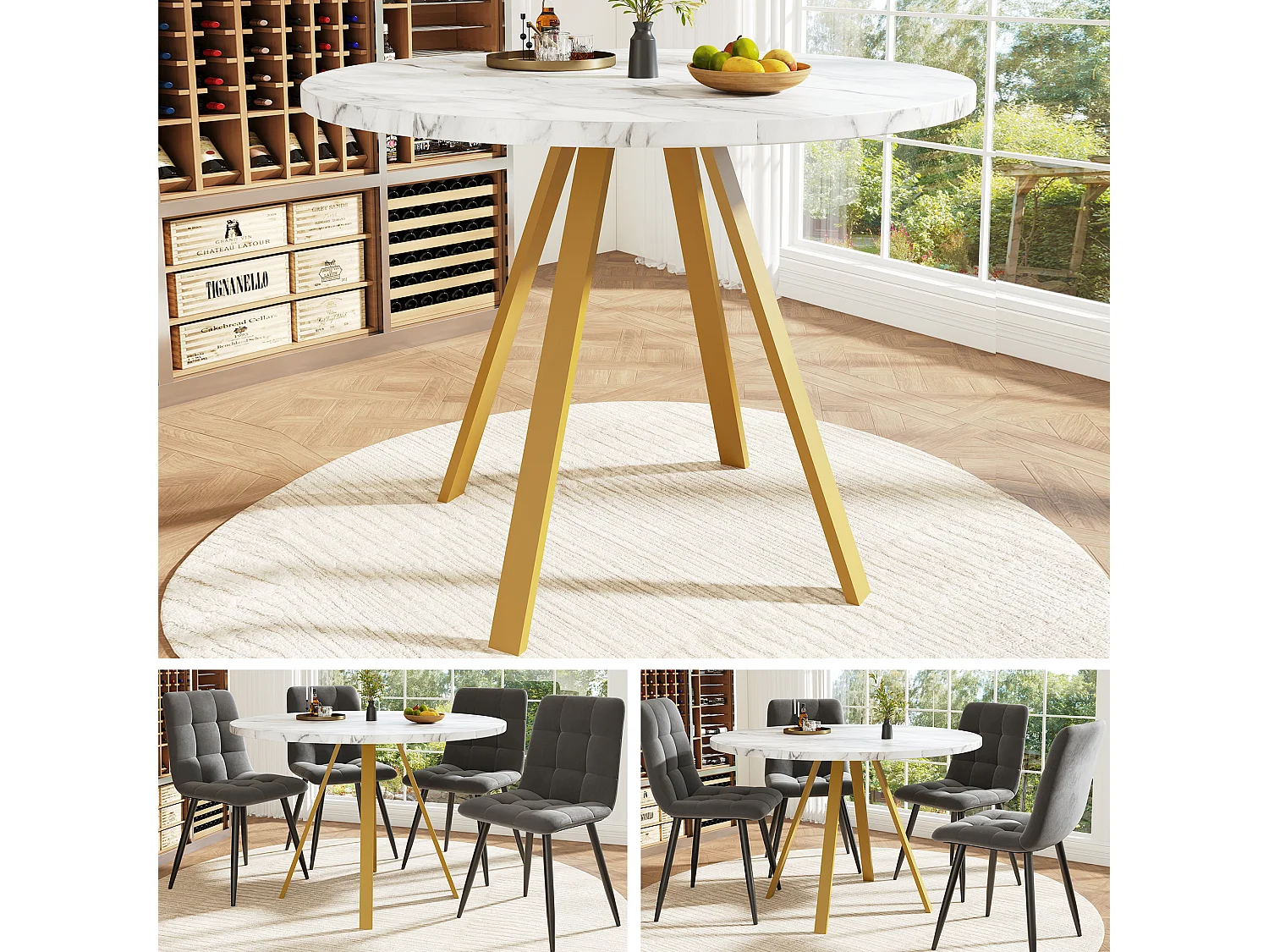 Table ronde 80×80×75cm, 1 pièce, Plateau pour 4 personnes, Piétement métal, Cuisine/Salon, Blanc/Doré