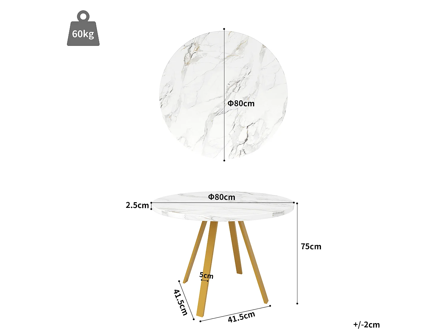 Table à manger ronde 80/75/80 cm avec plateau effet marbre MDF blanc et métal doré