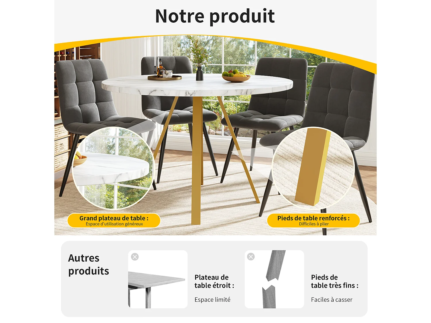 Table à manger ronde 80/75/80 cm avec plateau effet marbre MDF blanc et métal doré