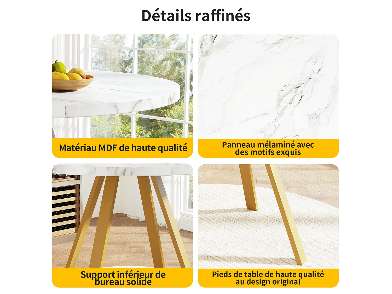 Table à manger ronde 80/75/80 cm avec plateau effet marbre MDF blanc et métal doré