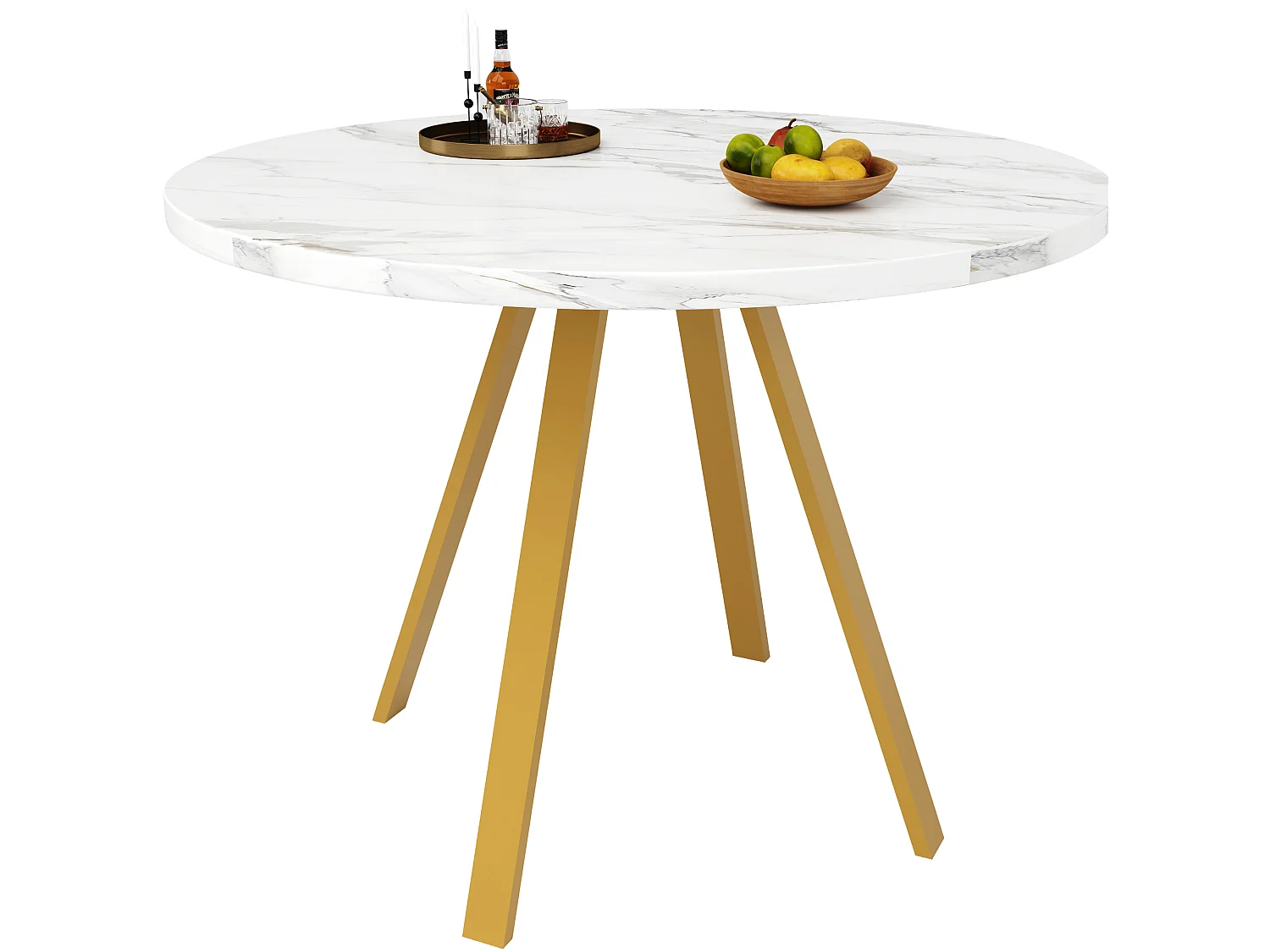 Table à manger ronde 80/75/80 cm avec plateau effet marbre MDF blanc et métal doré
