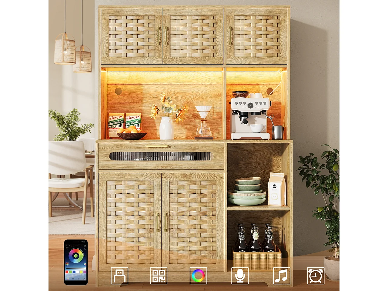 Armoire haute 120×40×180cm, Buffet de salon, Portes tissées MDF, LED, tiroirs, Rangement pour cuisine, salle à manger ou bar
