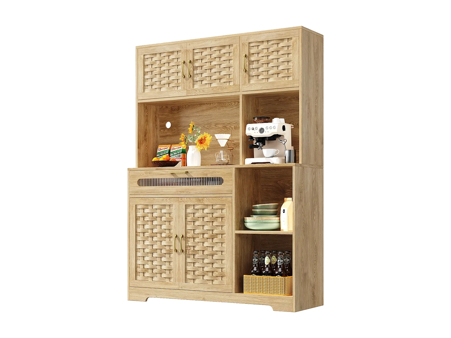Armoire haute 120×40×180cm, Buffet de salon, Portes tissées MDF, LED, tiroirs, Rangement pour cuisine, salle à manger ou bar