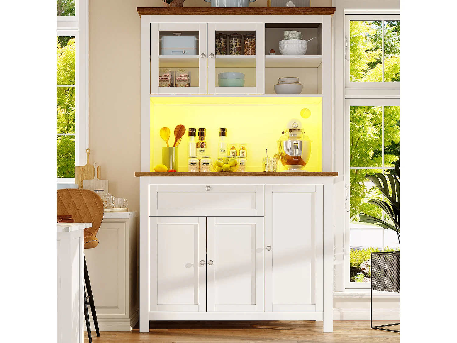Armoire haute 104×40×180cm, Buffet, Vitrine, Étagères réglables, Sideboard LED, Lumière variable, Blanc
