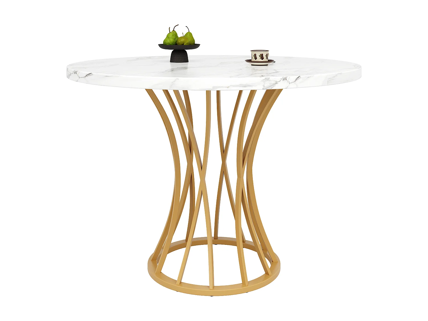 Table ronde 80×80×76cm, Plateau MDF marbré, Piétement métal, Cuisine/Salon, Pieds dorés, 4-6 personnes