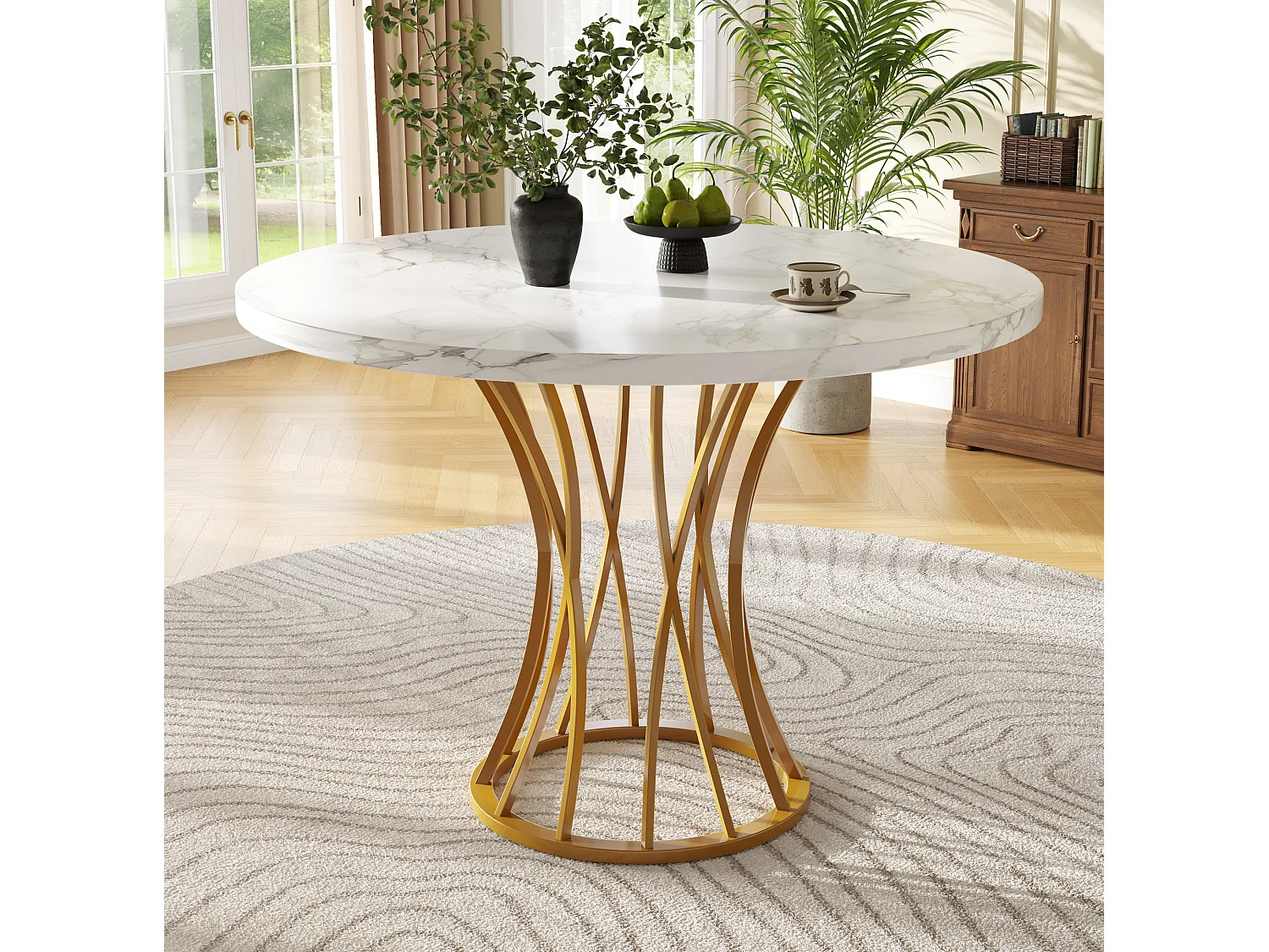 Table à manger ronde 80/76/80 cm avec pieds réglables MDF effet marbre et métal doré