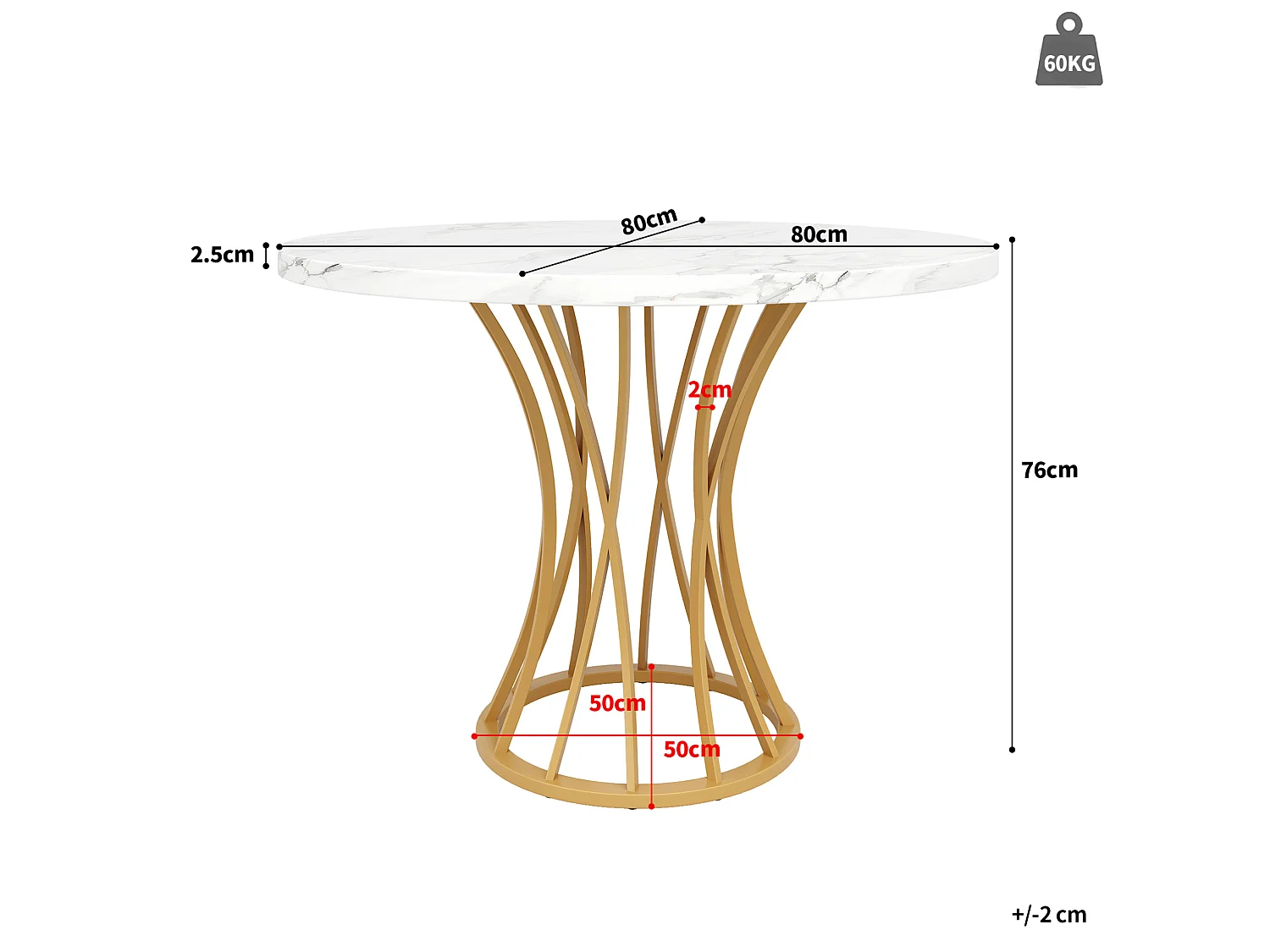 Table à manger ronde 80/76/80 cm avec pieds réglables MDF effet marbre et métal doré