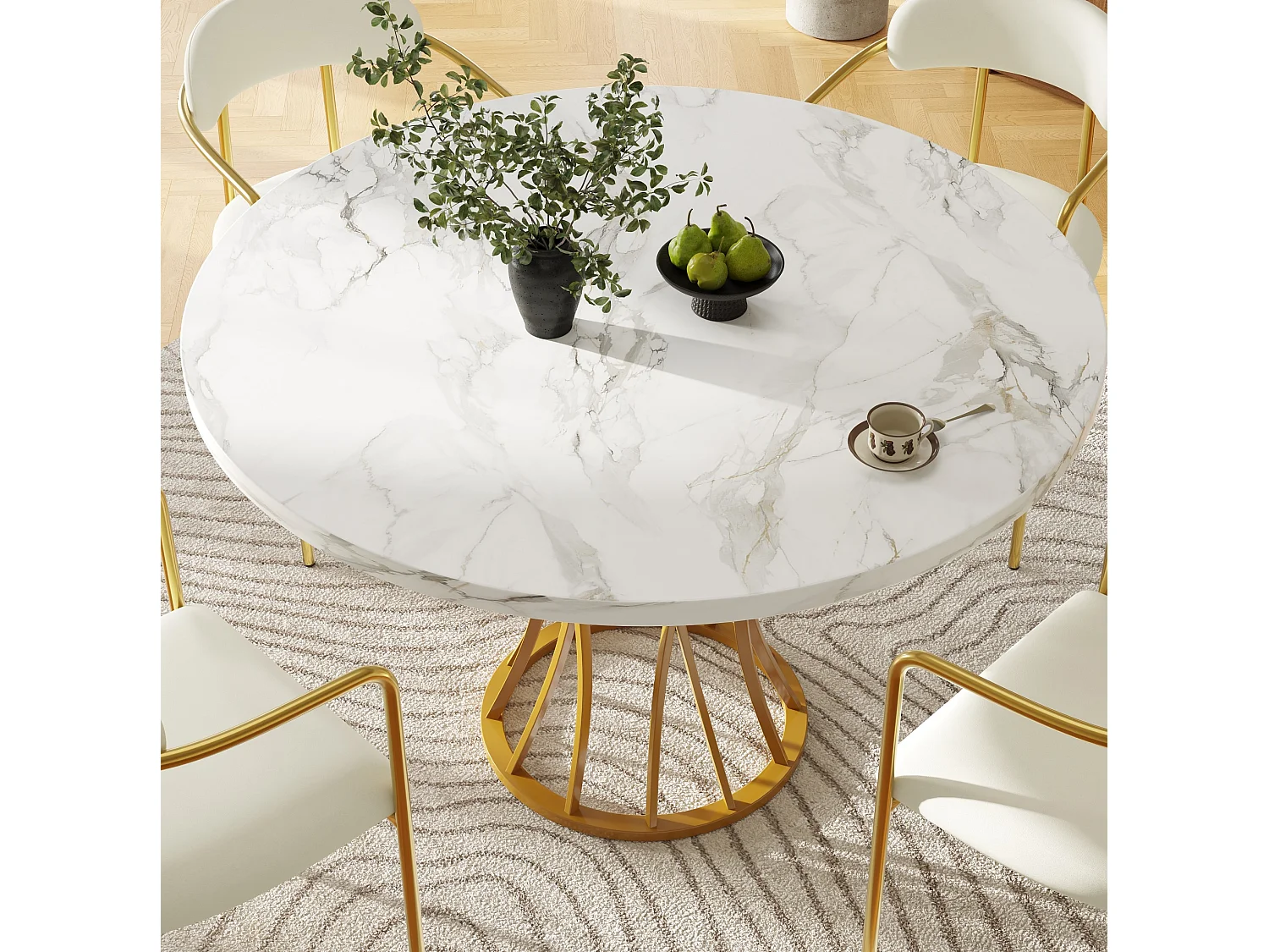 Table à manger ronde 80/76/80 cm avec pieds réglables MDF effet marbre et métal doré