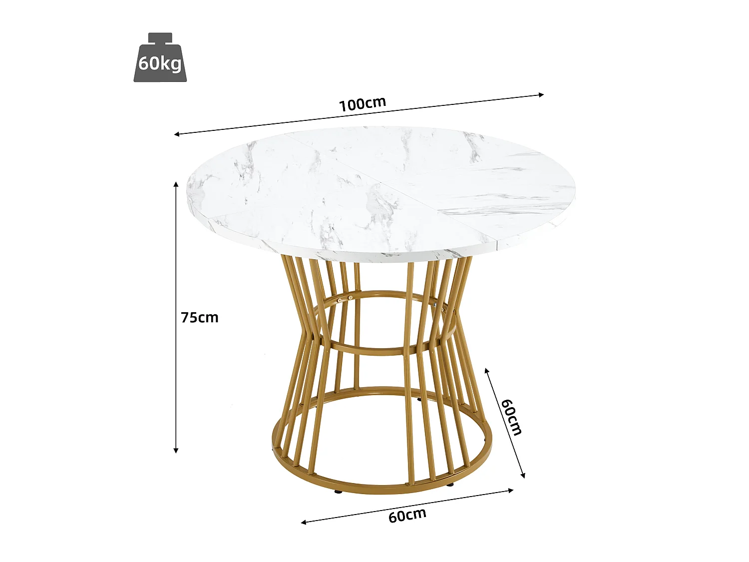 Table à manger ronde 100/75 cm avec piètement métal MDF blanc