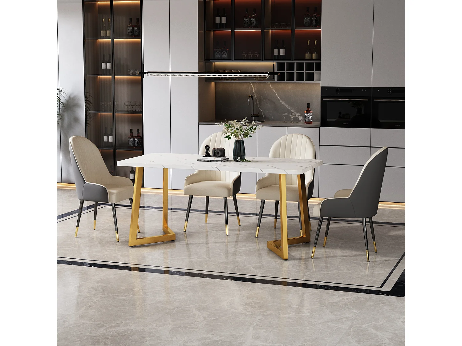 Table à manger 117/75/68 cm avec plateau aspect marbre MDF blanc et pieds métal doré