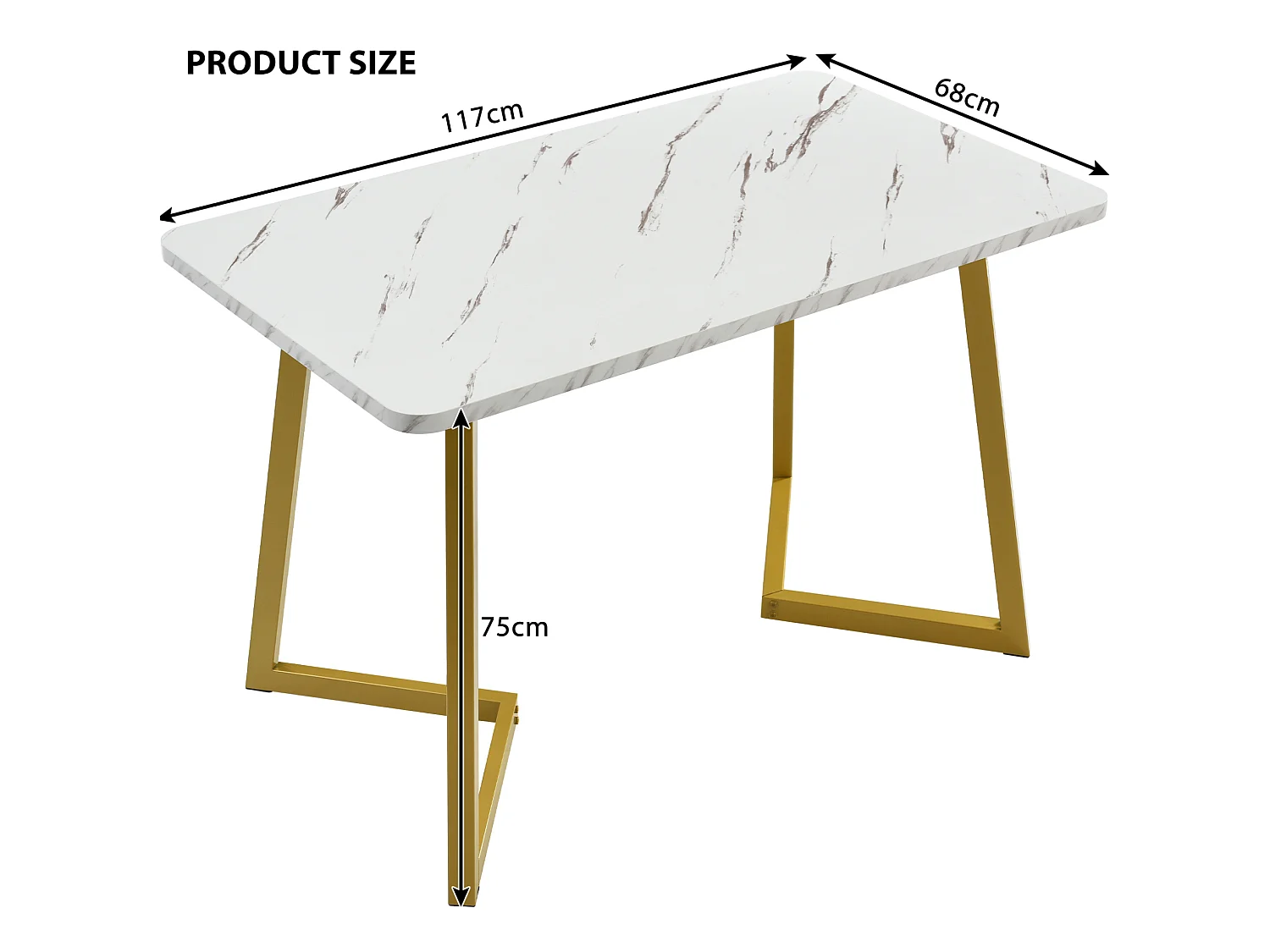 Table à manger 117/75/68 cm avec plateau aspect marbre MDF blanc et pieds métal doré