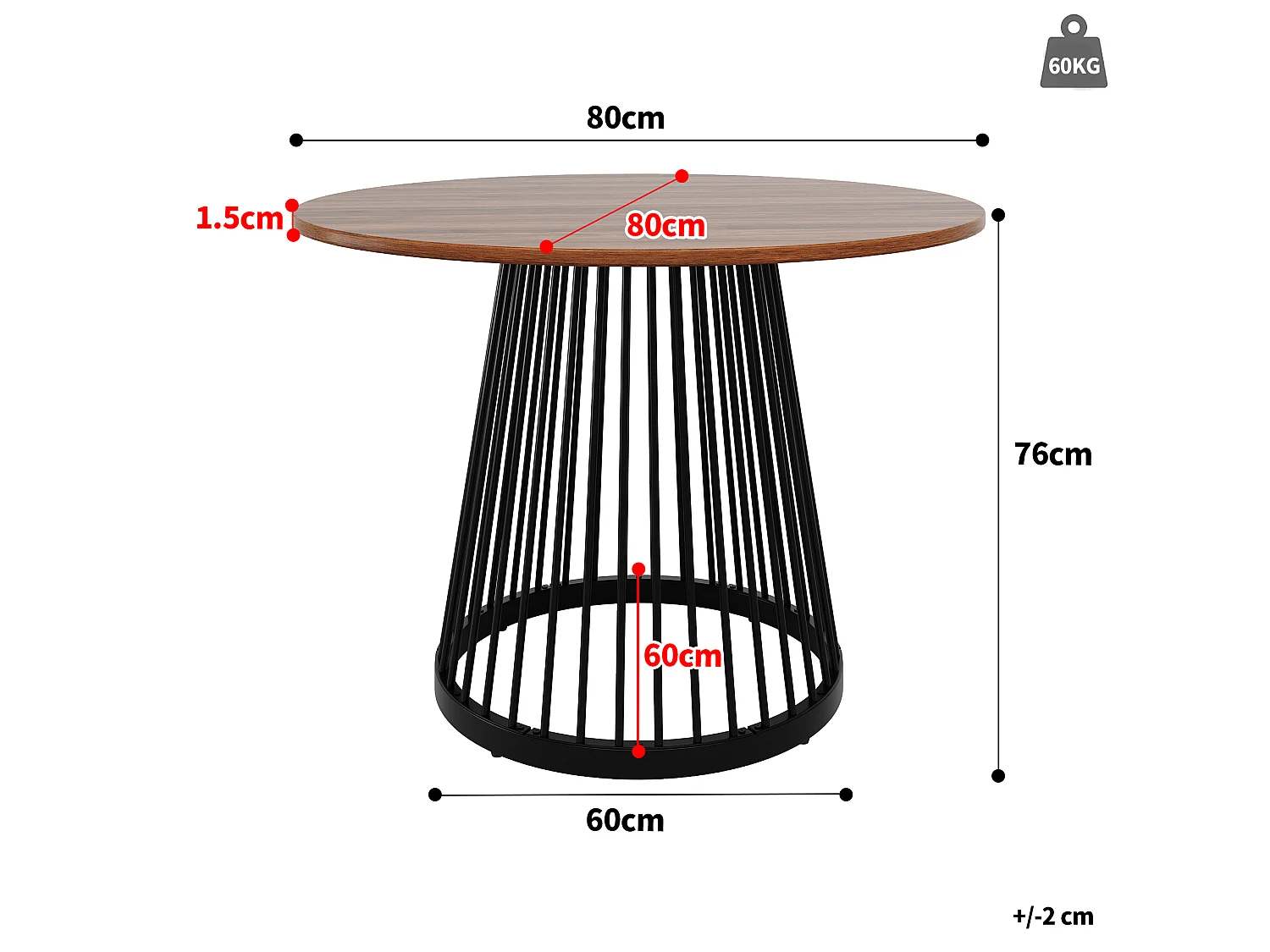 Table à manger ronde 80/76/80 cm avec pieds réglables MDF noyer et métal noir