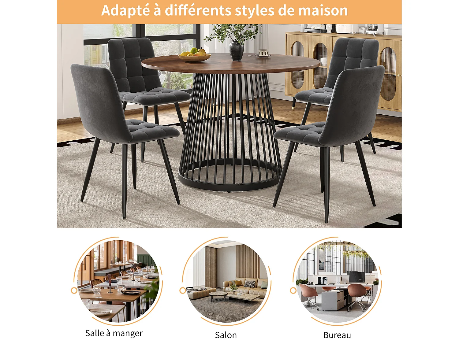 Table à manger ronde 80/76/80 cm avec pieds réglables MDF noyer et métal noir
