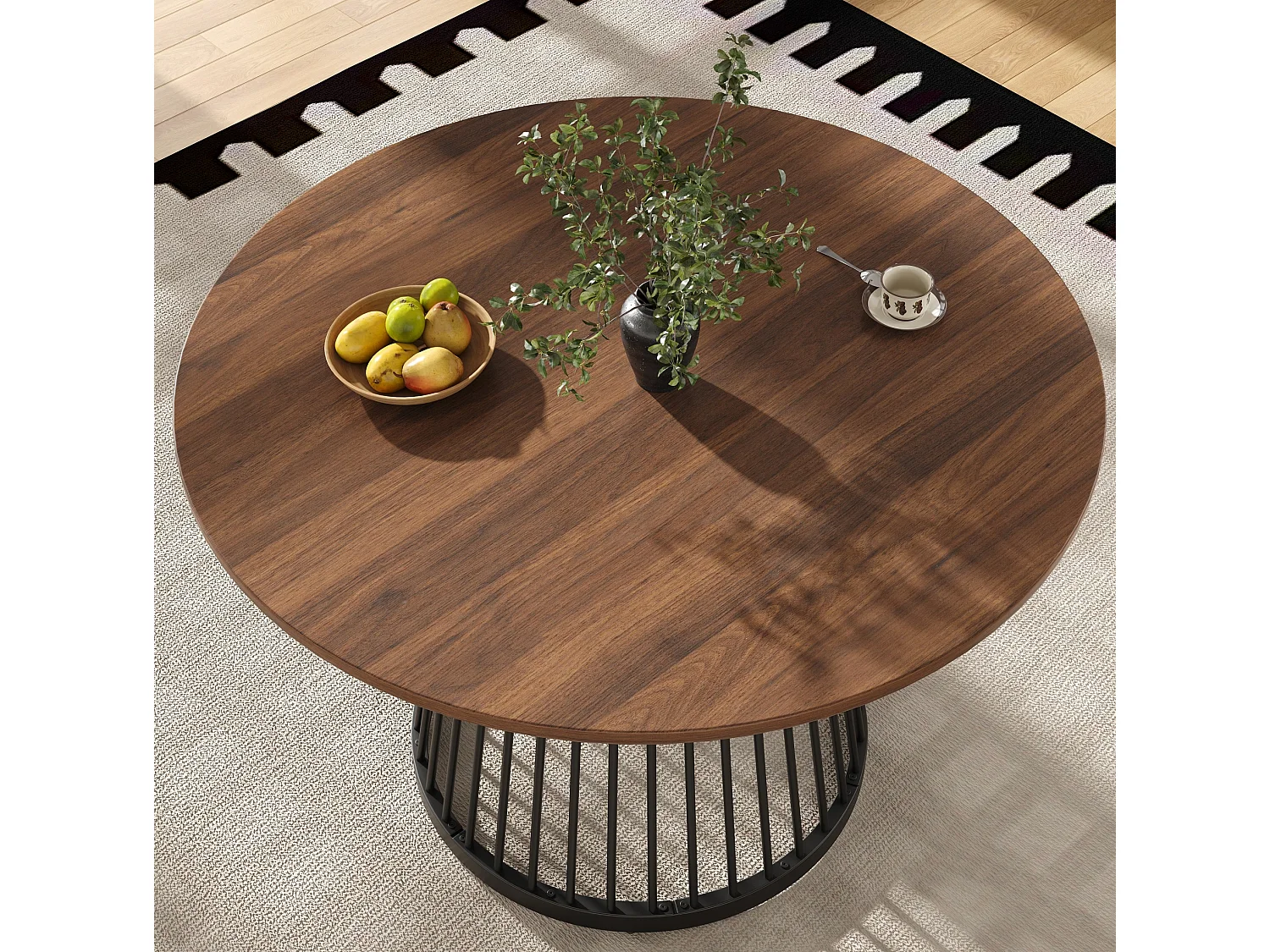 Table à manger ronde 80/76/80 cm avec pieds réglables MDF noyer et métal noir