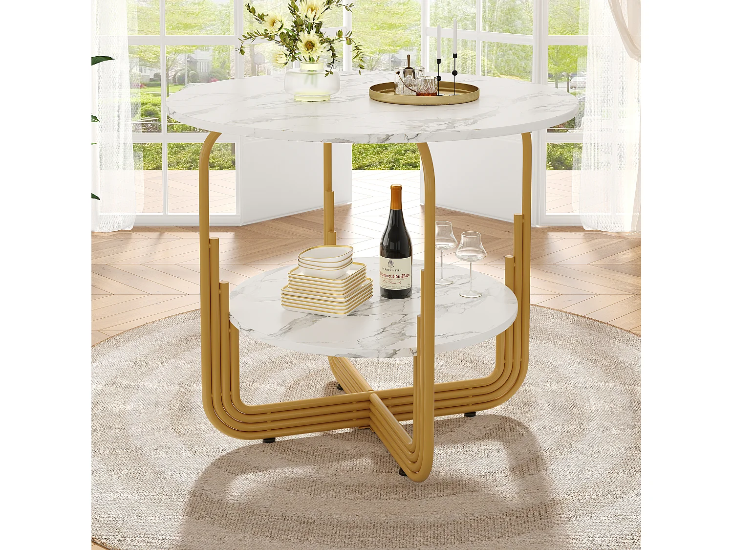 Table ronde 80×80×76cm, Plateau MDF marbré, Piétement métal, Cuisine/Salon, Plateau central de rangement, 4 personnes