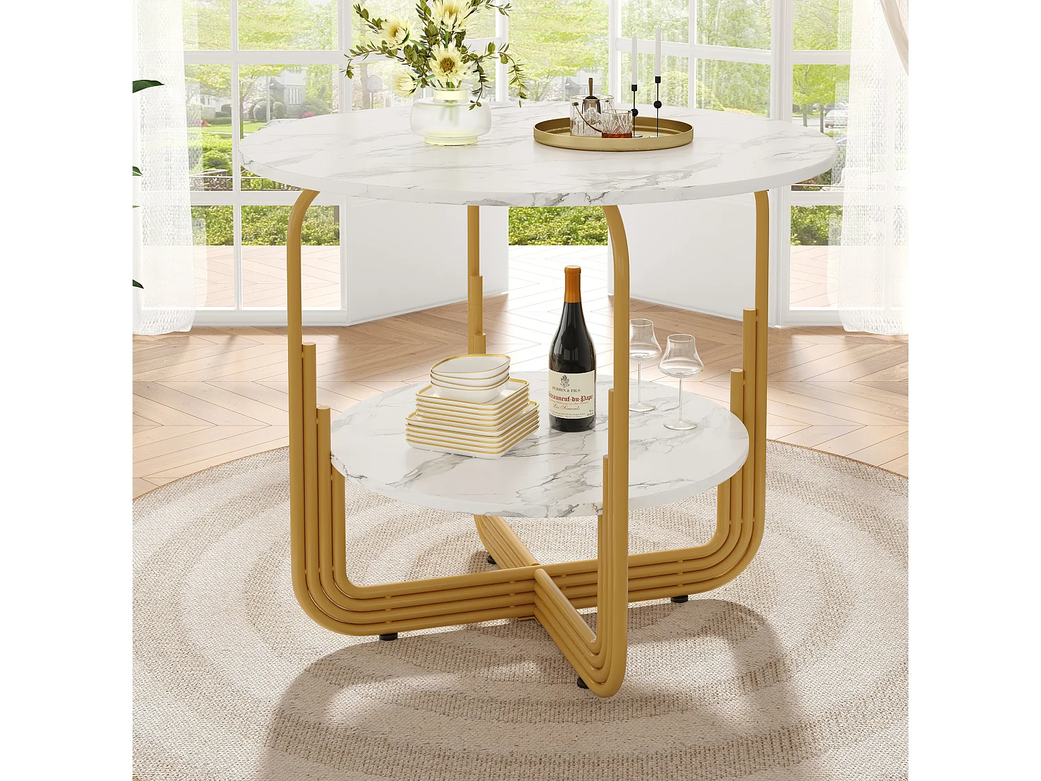 Table à manger ronde 80/80/76 cm avec rangement MDF imitation marbre doré