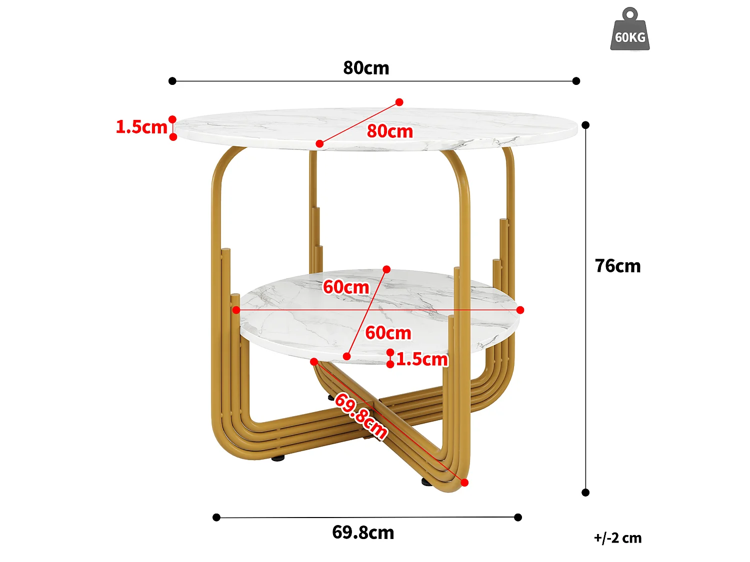 Table à manger ronde 80/80/76 cm avec rangement MDF imitation marbre doré