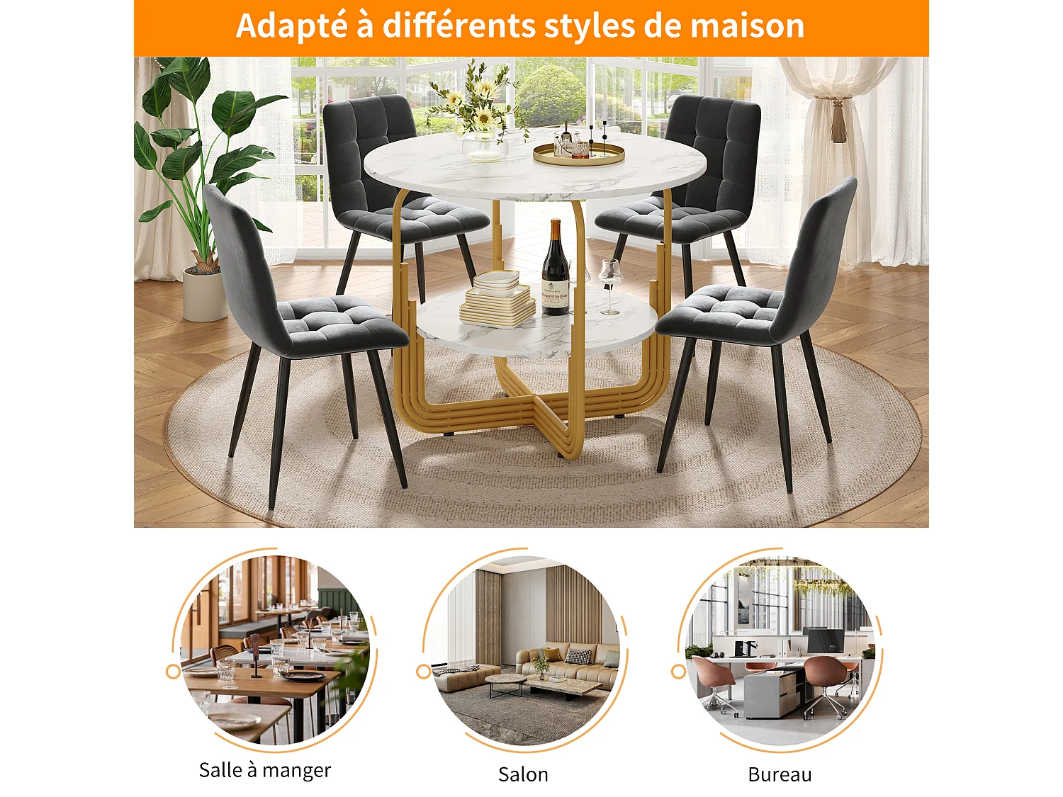 Table à manger ronde 80/80/76 cm avec rangement MDF imitation marbre doré