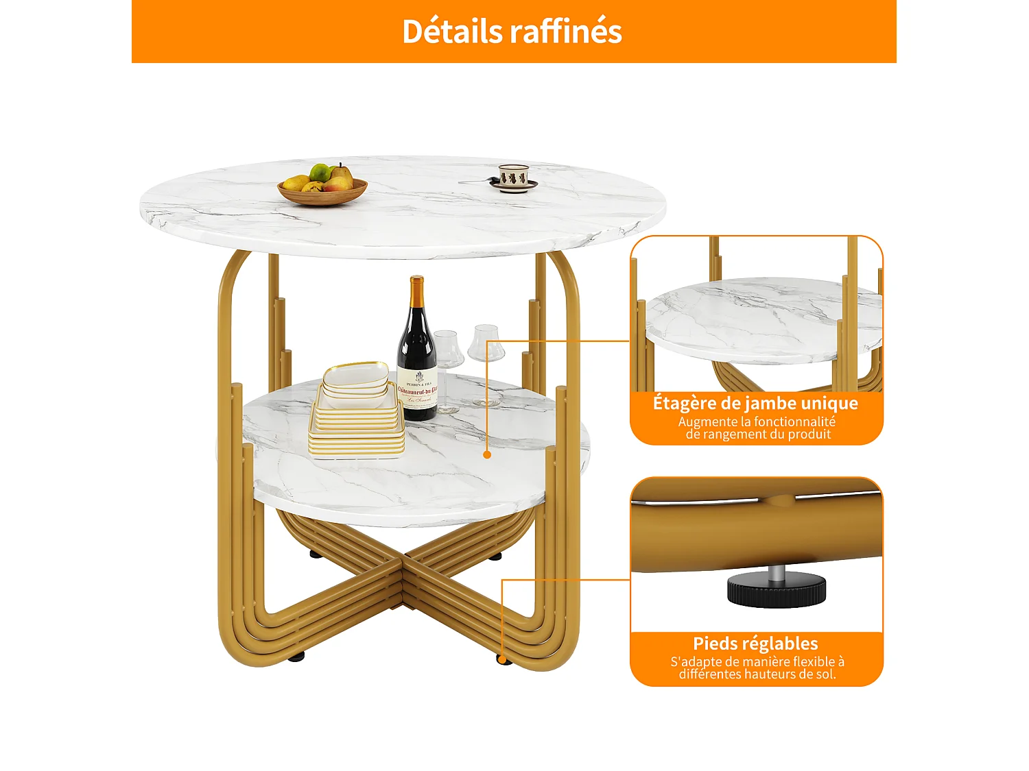 Table à manger ronde 80/80/76 cm avec rangement MDF imitation marbre doré