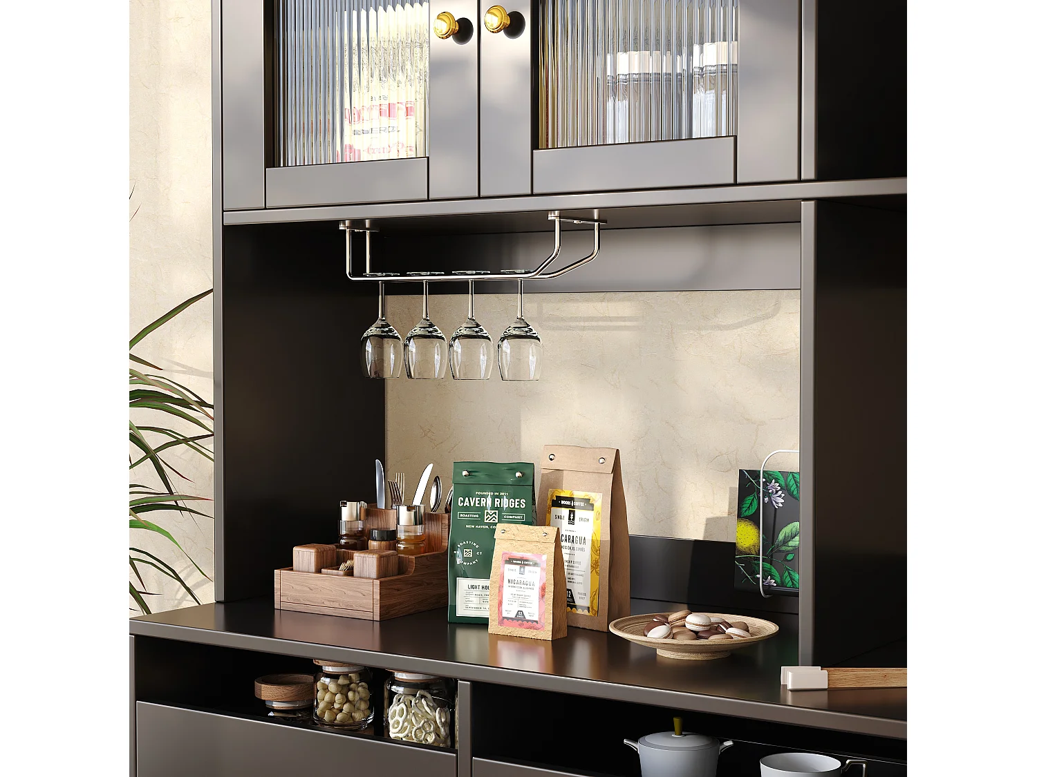 Armoire haute salle à manger 145×39×171cm, Portes verre perforé, Casier à verres, Rangement multi-niveaux, Noir et décor doré