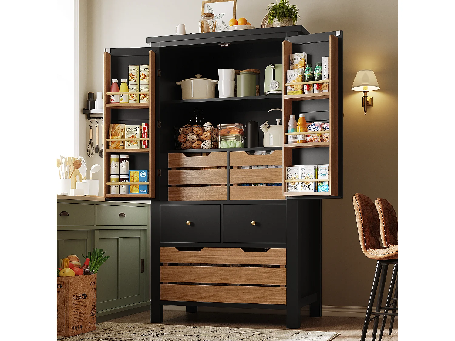 Armoire haute 80×40×140cm, Buffet multi-usage, 2 portes et 5 tiroirs, Snack, Rangement pour cuisine et salle à manger, Noir/Blanc