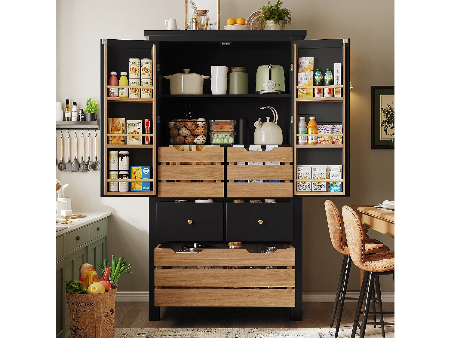 Armoire haute 80×40×140cm, Buffet multi-usage, 2 portes et 5 tiroirs, Snack, Rangement pour cuisine et salle à manger, Noir/Blanc