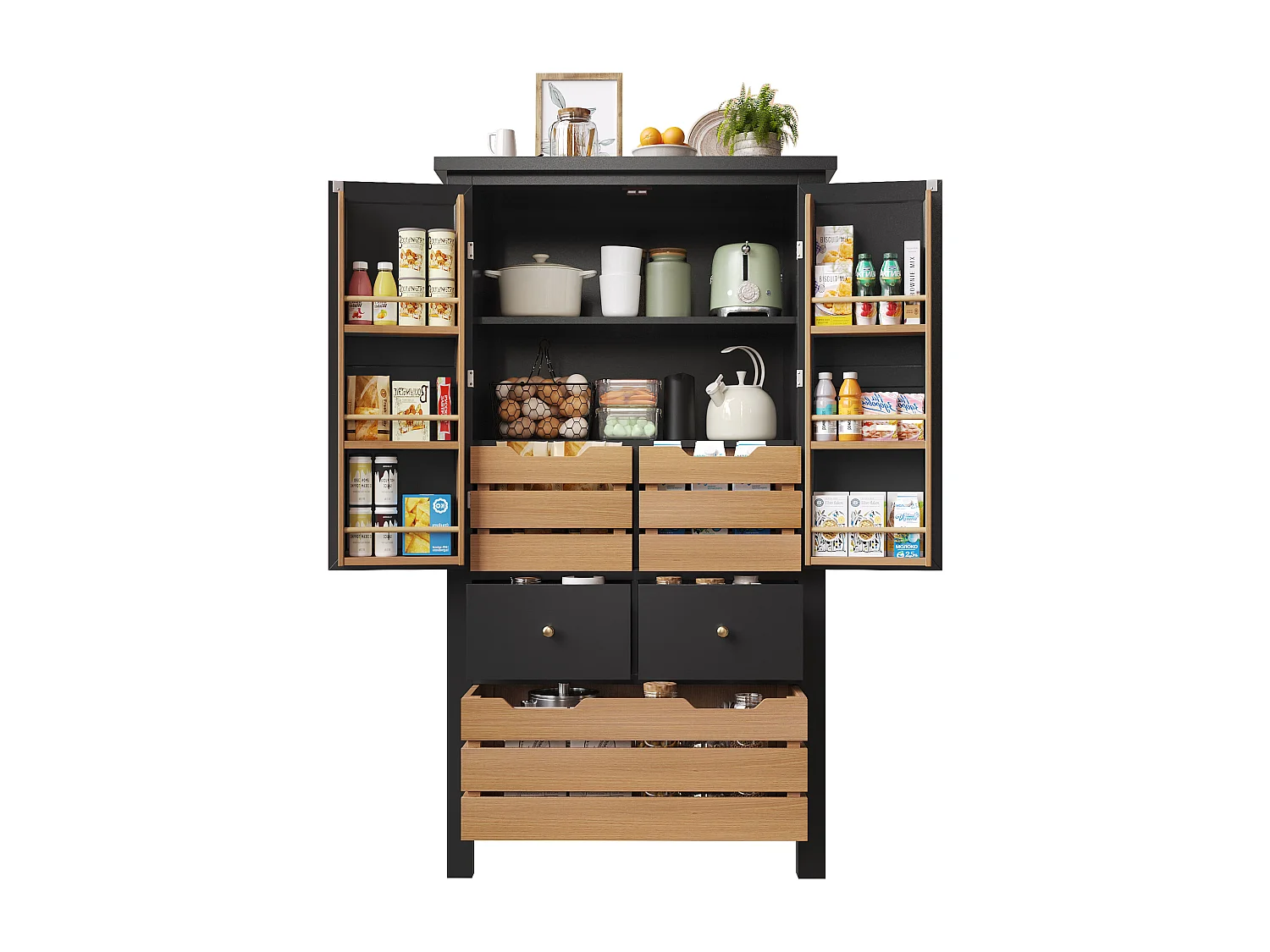 Armoire haute 80×40×140cm, Buffet multi-usage, 2 portes et 5 tiroirs, Snack, Rangement pour cuisine et salle à manger, Noir/Blanc