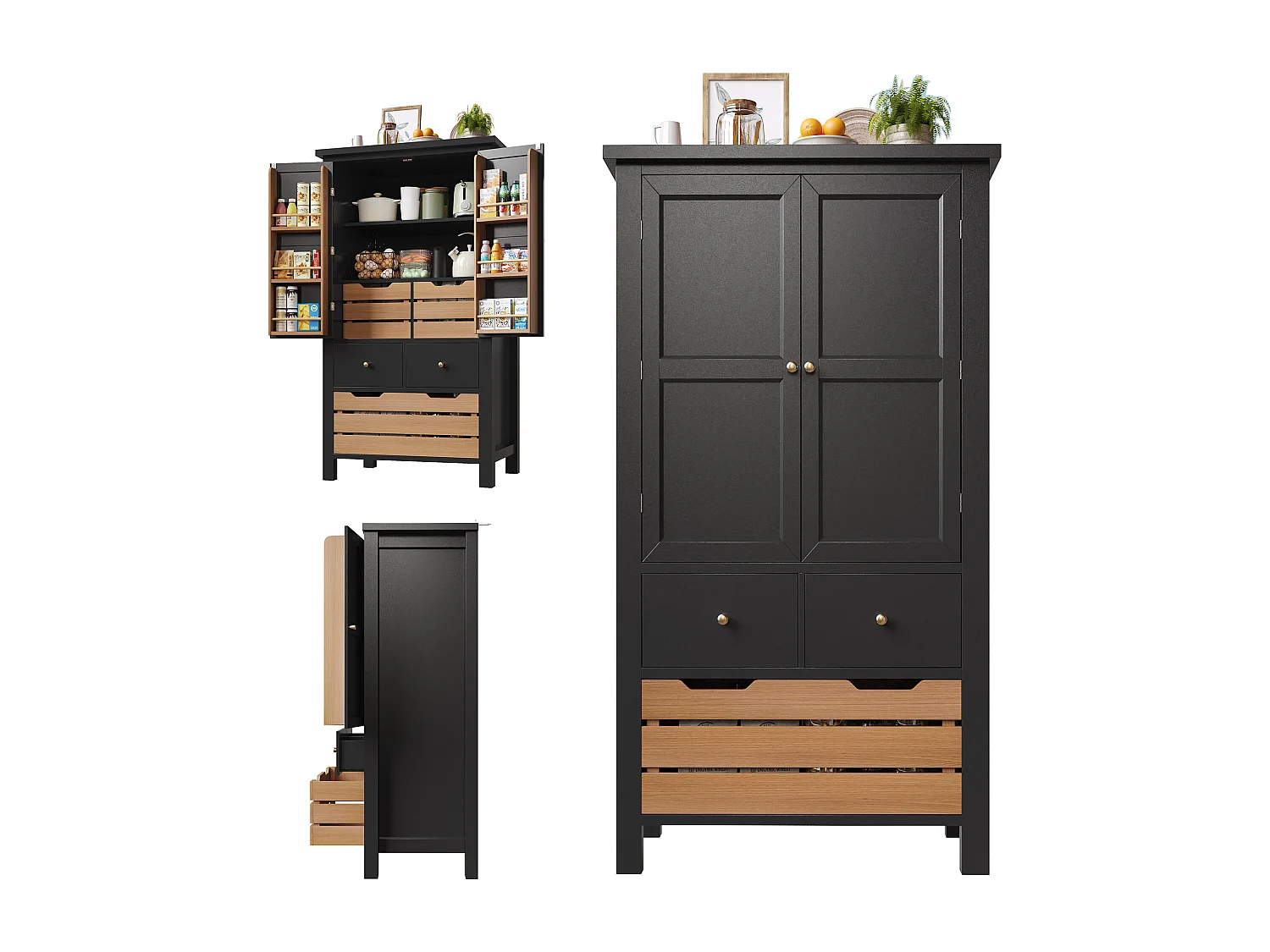 Armoire haute 80×40×140cm, Buffet multi-usage, 2 portes et 5 tiroirs, Snack, Rangement pour cuisine et salle à manger, Noir/Blanc