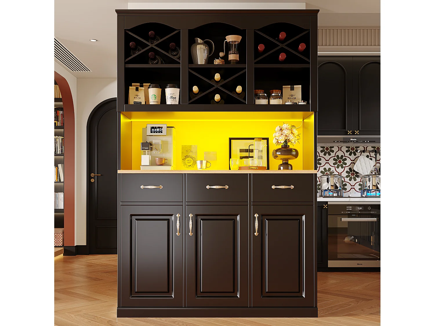 Armoire haute 120×40×180cm, Buffet multi-usage, 3 portes, 3 tiroirs, LED, Snack et rangement cuisine, Noir