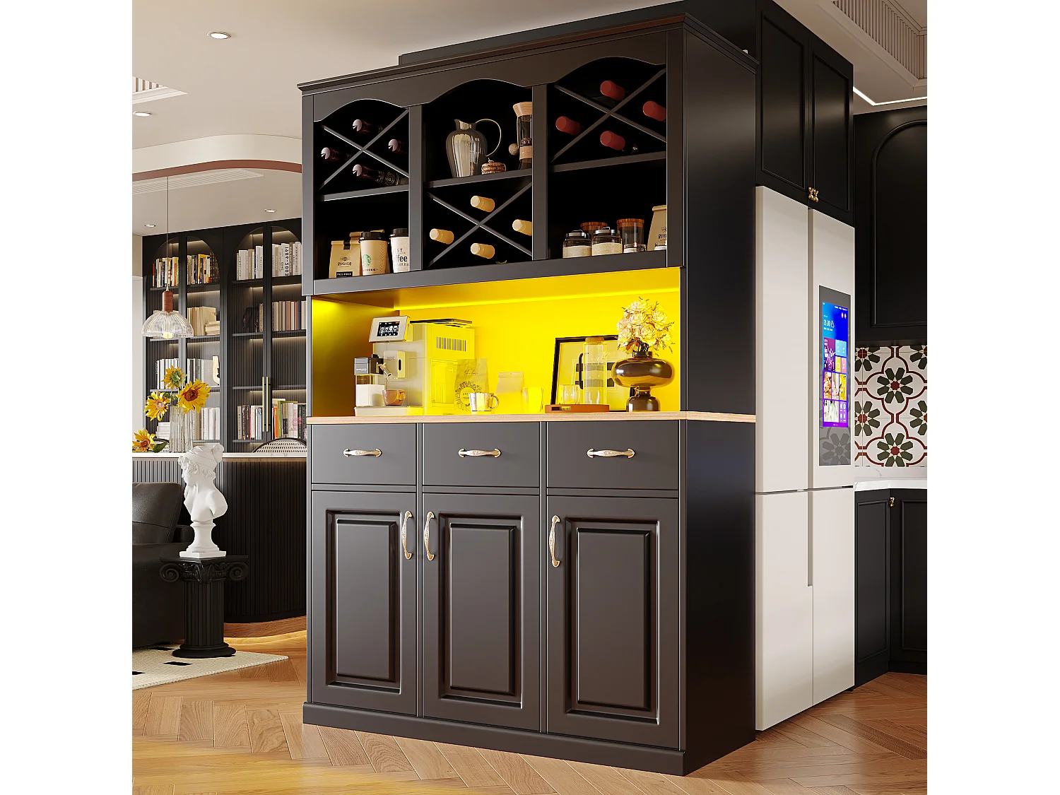 Armoire haute 120×40×180cm, Buffet multi-usage, 3 portes, 3 tiroirs, LED, Snack et rangement cuisine, Noir
