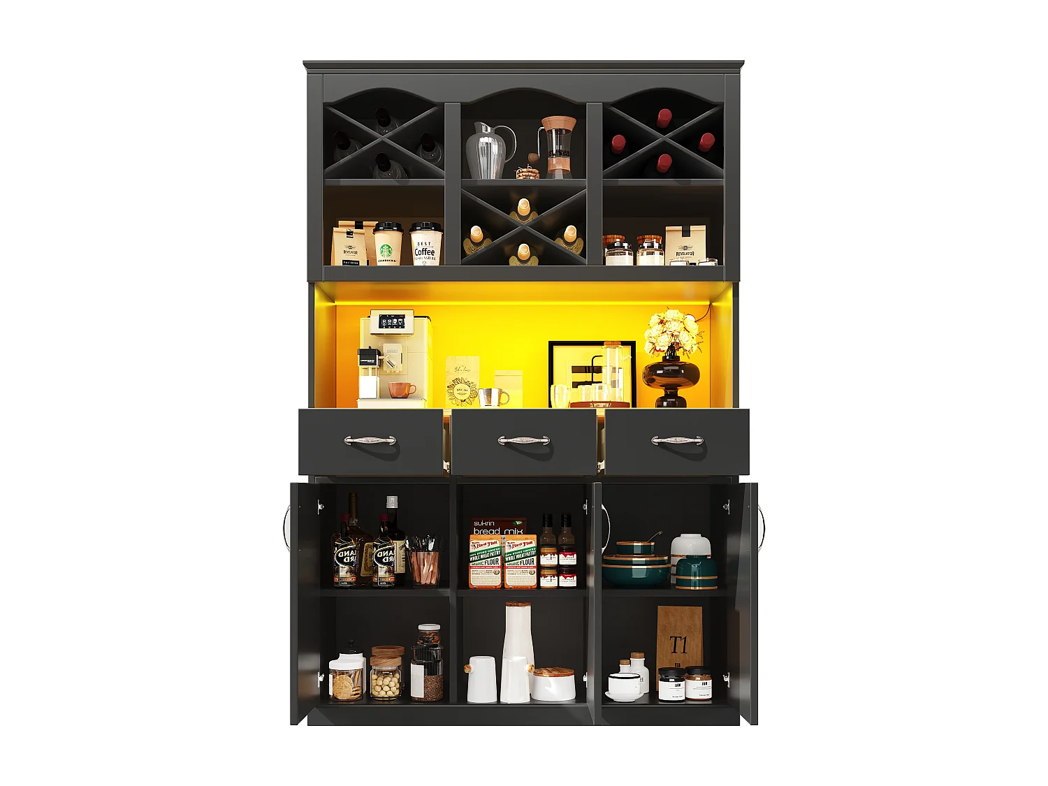 Armoire haute 120×40×180cm, Buffet multi-usage, 3 portes, 3 tiroirs, LED, Snack et rangement cuisine, Noir