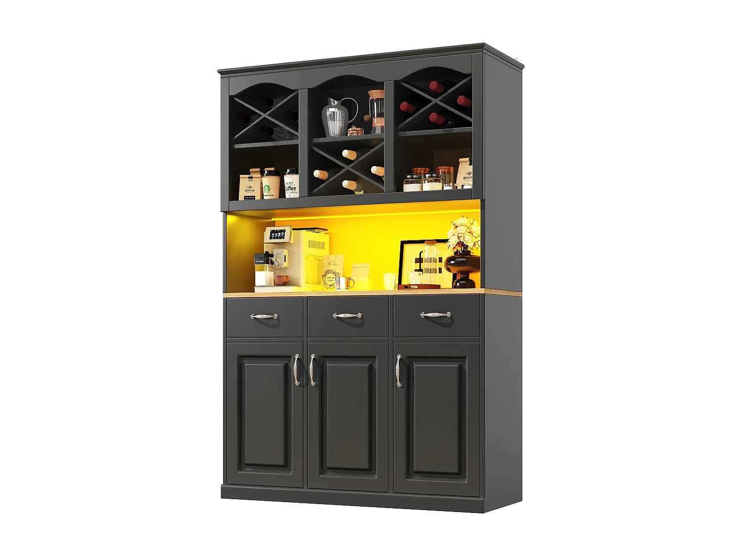 Armoire haute 120×40×180cm, Buffet multi-usage, 3 portes, 3 tiroirs, LED, Snack et rangement cuisine, Noir