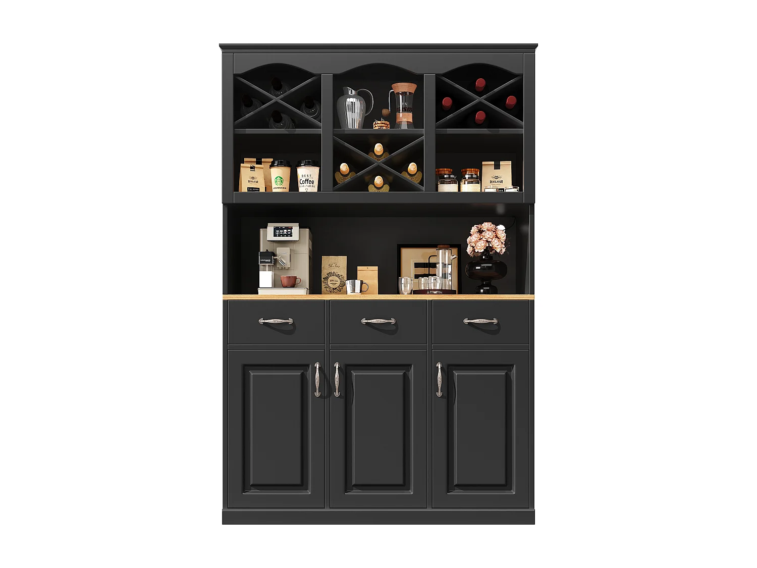 Armoire haute 120×40×180cm, Buffet multi-usage, 3 portes, 3 tiroirs, LED, Snack et rangement cuisine, Noir