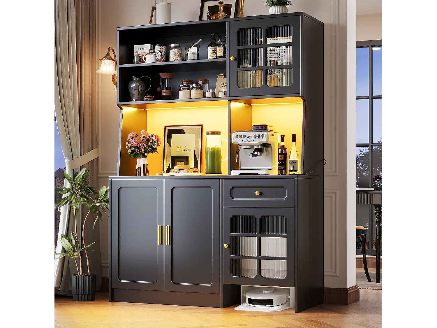 Armoire haute 130×45×180cm, Buffet et Vitrine, Glaces et LED, Sideboard, Noir, rangement élégant pour cuisine ou salon