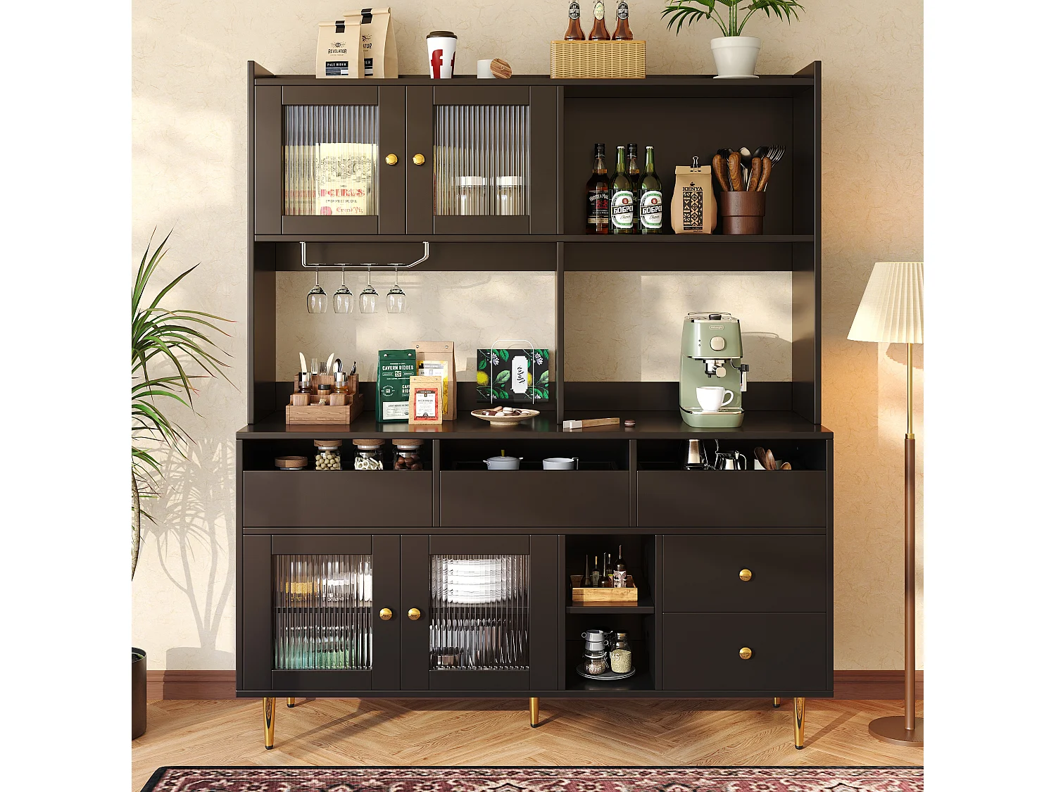 Armoire haute salle à manger 145×39×171cm, Portes verre Changhong, Casier à verres, Rangement multi-niveaux, Noir et décor doré