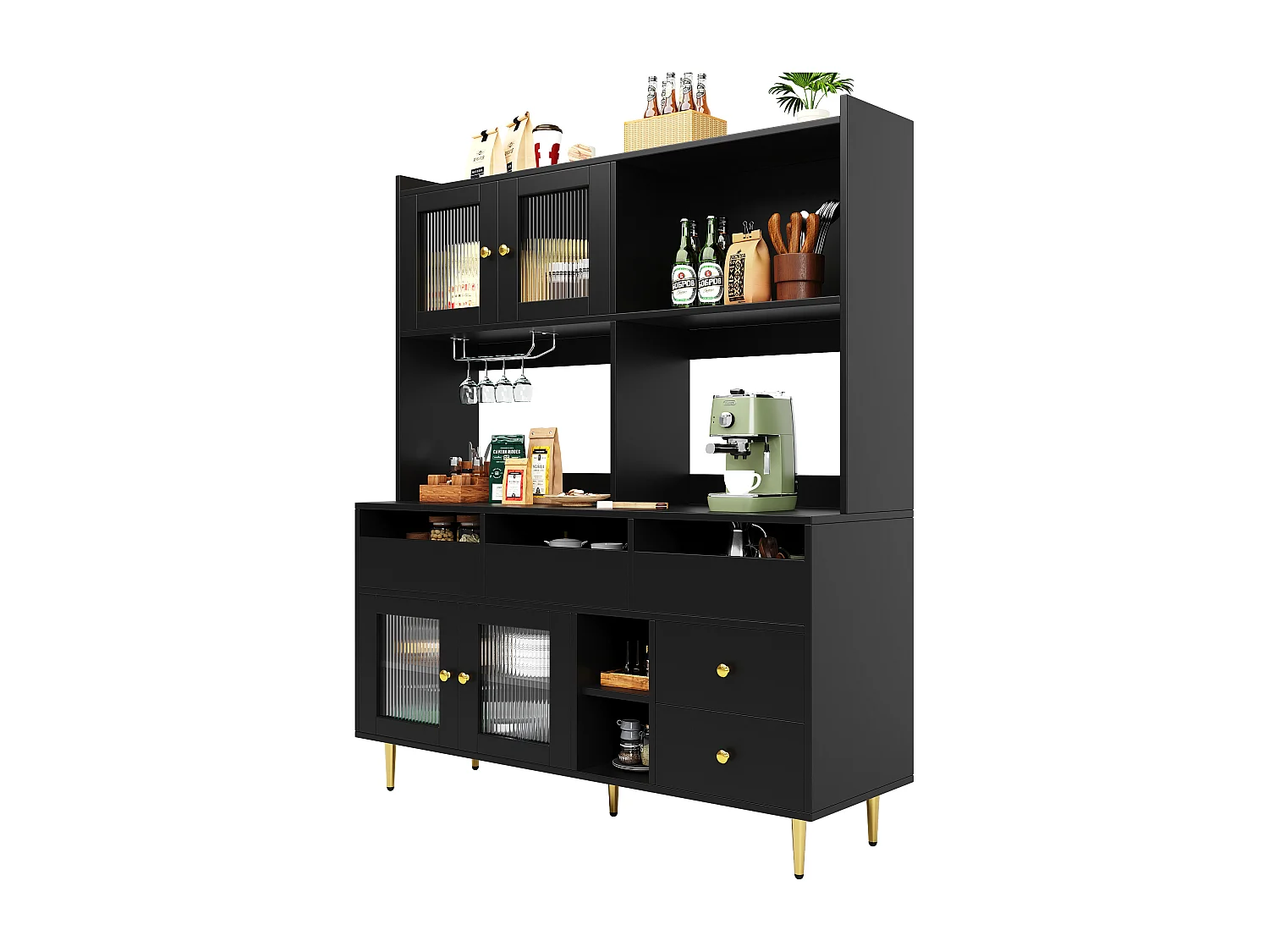 Armoire haute salle à manger 145×39×171cm, Portes verre Changhong, Casier à verres, Rangement multi-niveaux, Noir et décor doré