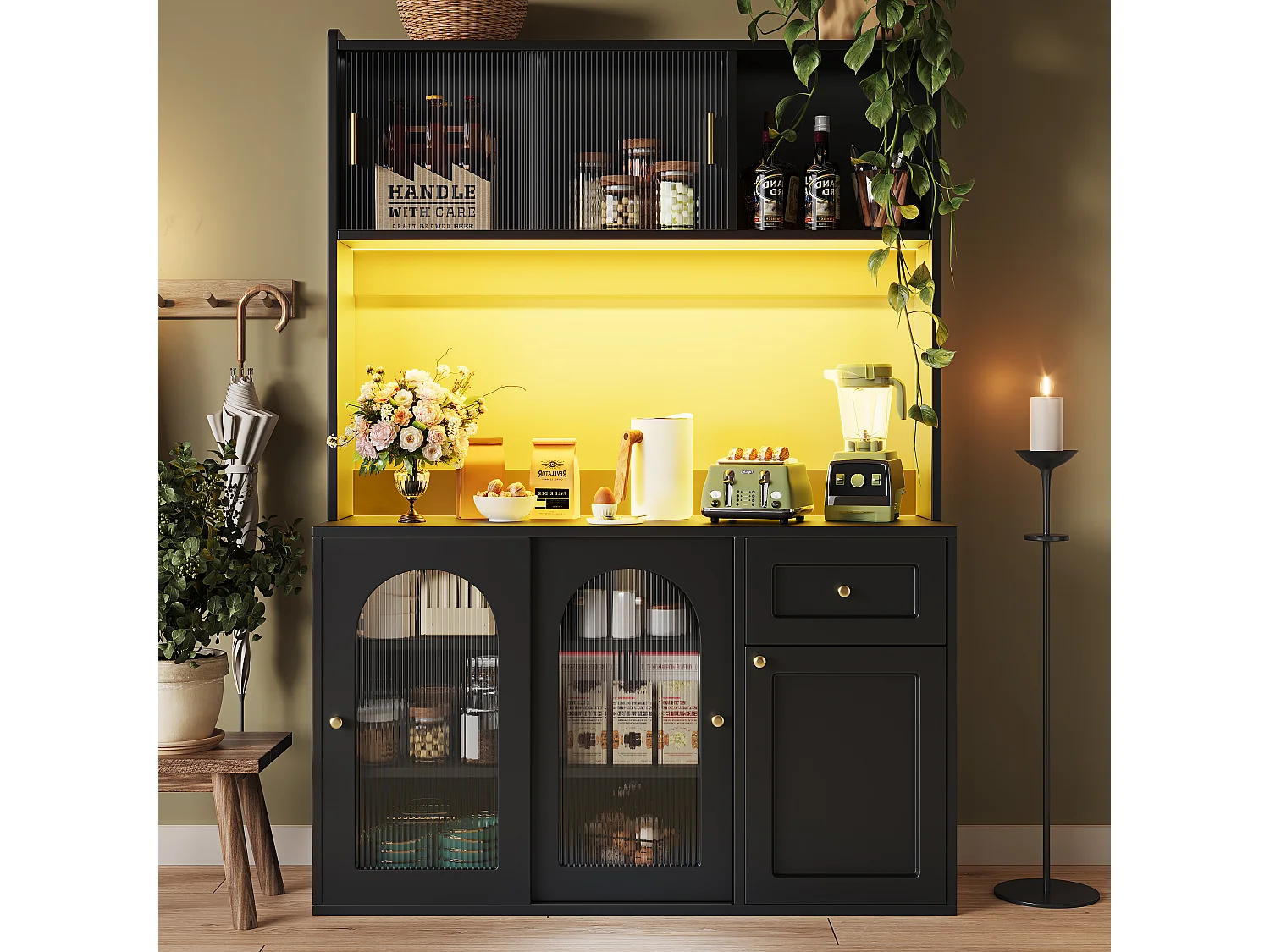 Armoire haute de cuisine, Buffet et Vitrine, Étagères réglables, Sideboard LED, 4 portes, Noir, rangement multi-niveaux
