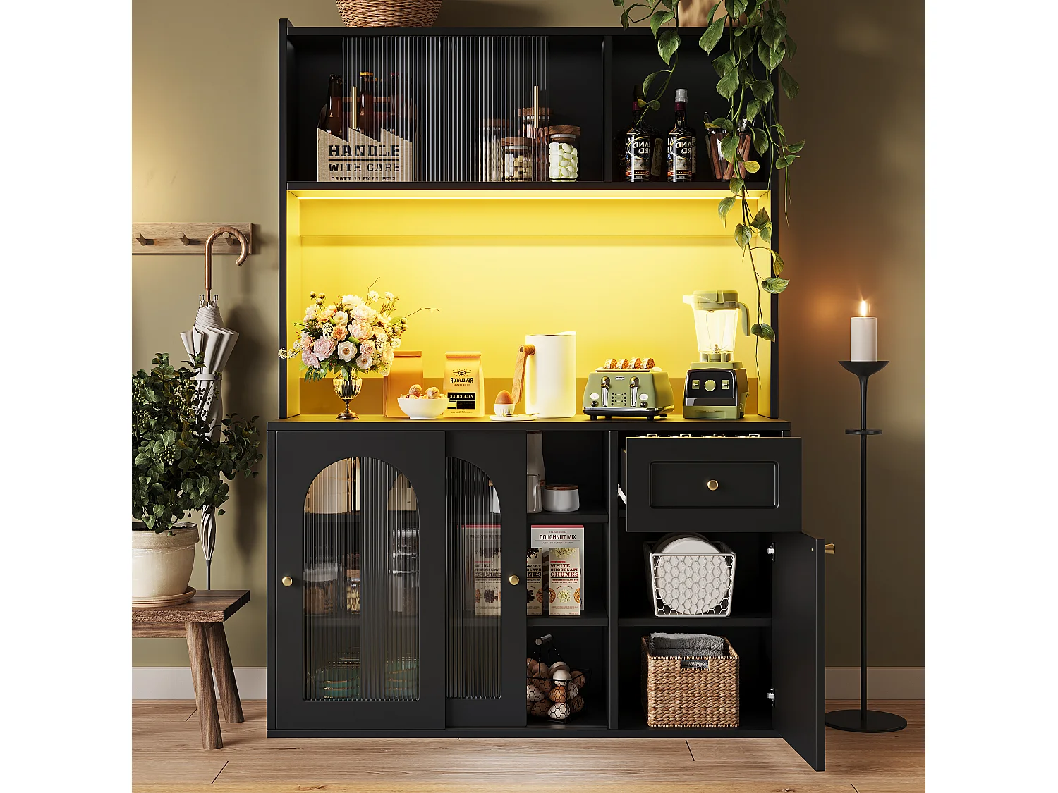 Armoire haute de cuisine, Buffet et Vitrine, Étagères réglables, Sideboard LED, 4 portes, Noir, rangement multi-niveaux