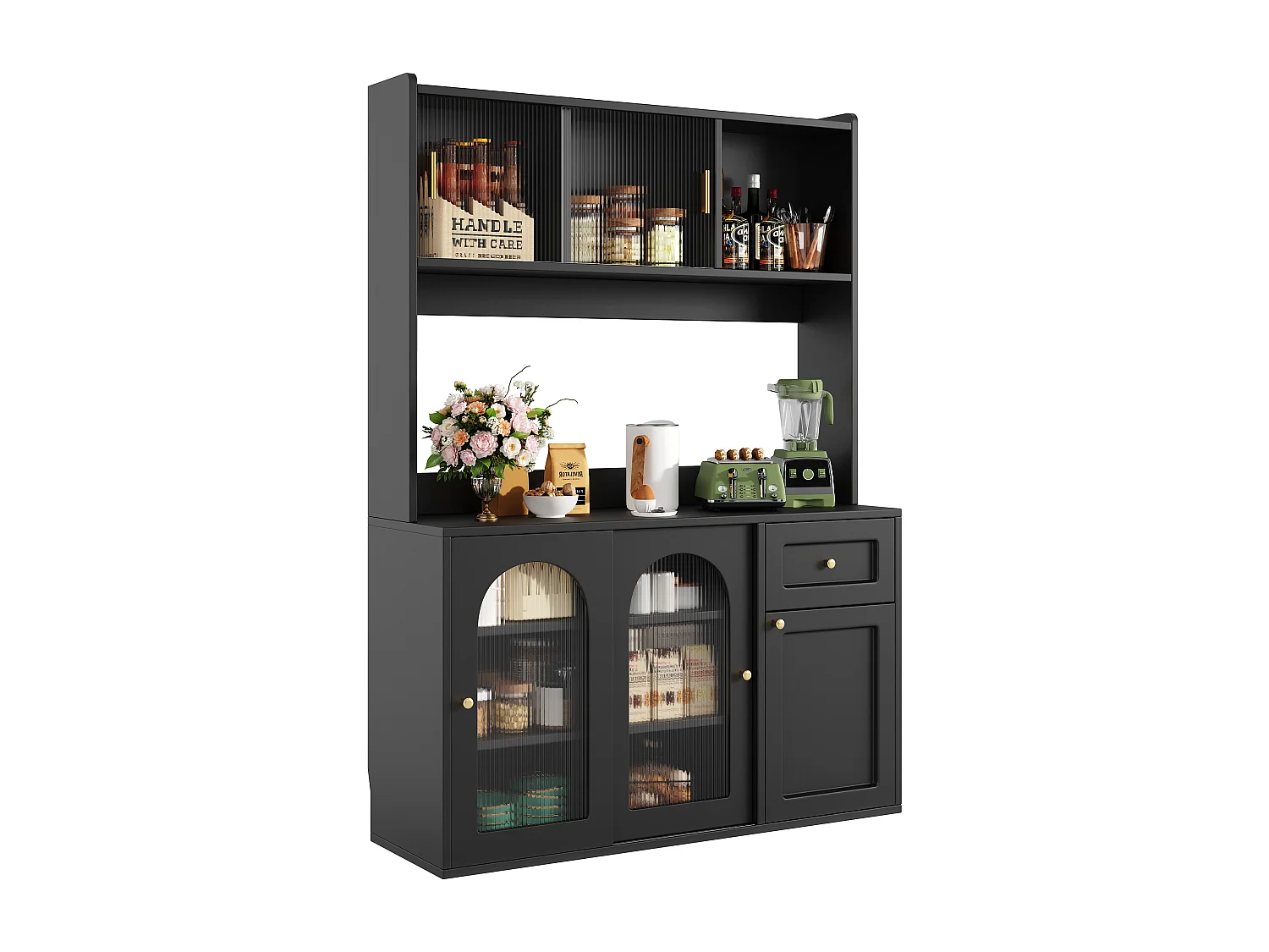 Armoire haute de cuisine, Buffet et Vitrine, Étagères réglables, Sideboard LED, 4 portes, Noir, rangement multi-niveaux