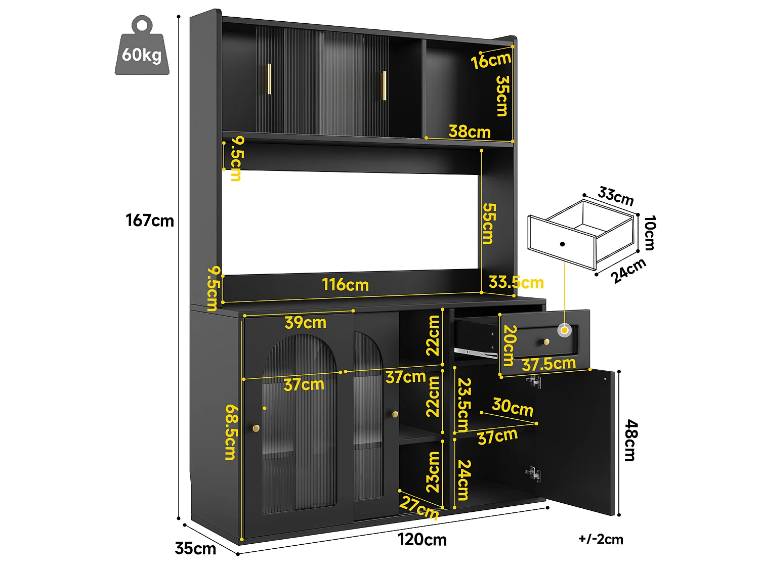 Buffet de cuisine 120/167/35 cm avec éclairage LED et étagères réglables MDF et panneaux de particules noir