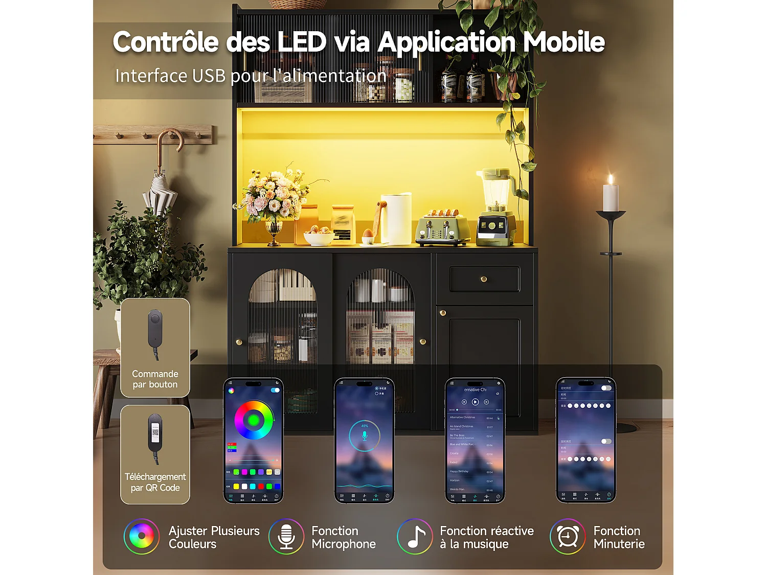 Buffet de cuisine 120/167/35 cm avec éclairage LED et étagères réglables MDF et panneaux de particules noir