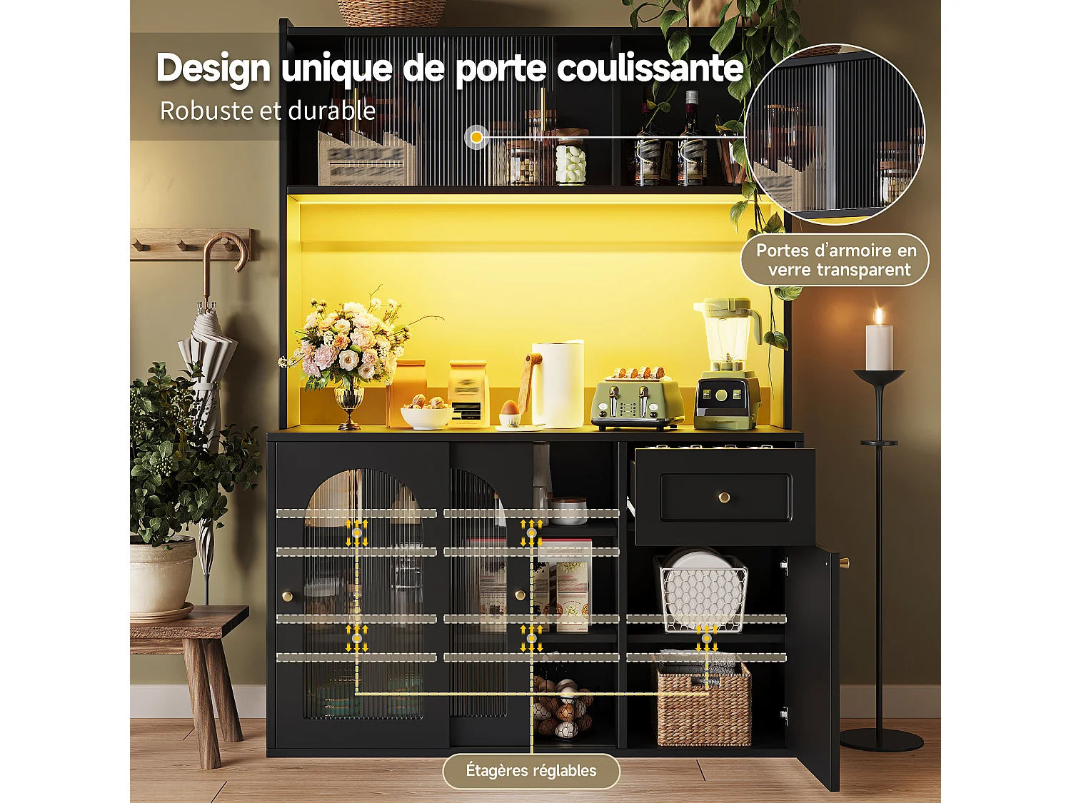 Buffet de cuisine 120/167/35 cm avec éclairage LED et étagères réglables MDF et panneaux de particules noir