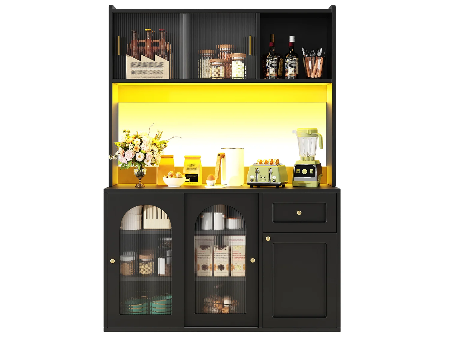 Buffet de cuisine 120/167/35 cm avec éclairage LED et étagères réglables MDF et panneaux de particules noir