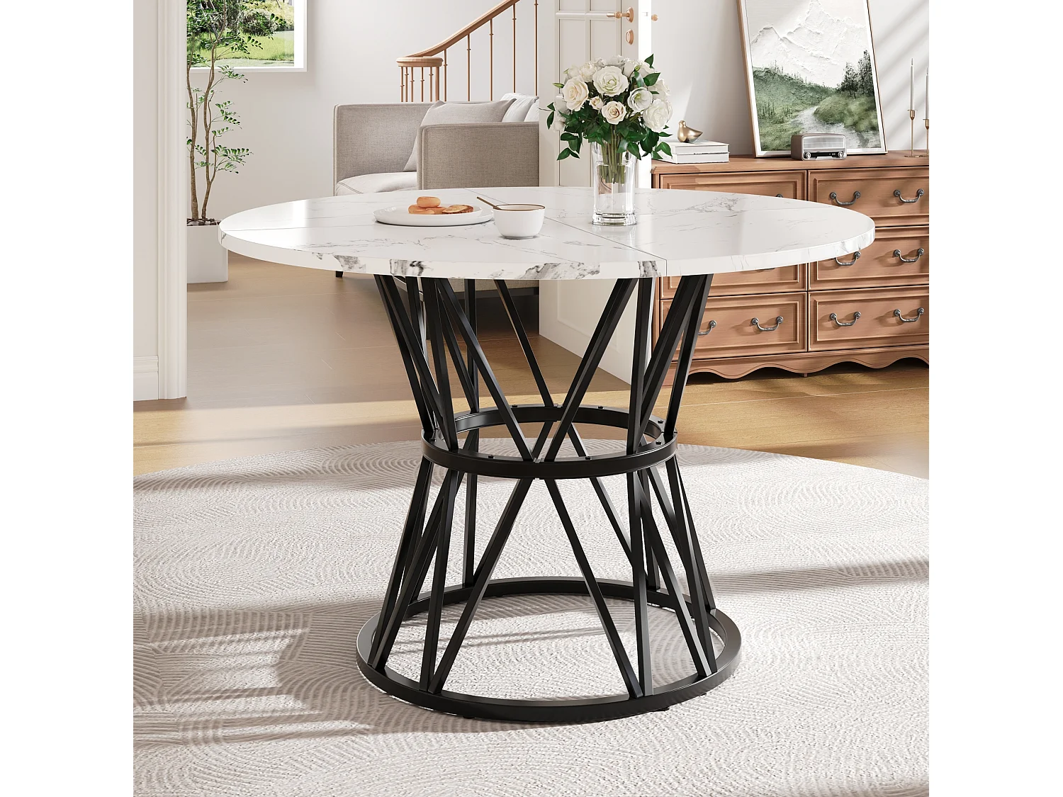 Table à manger ronde 100/100/76 cm avec pieds réglables et piètement métallique MDF noir
