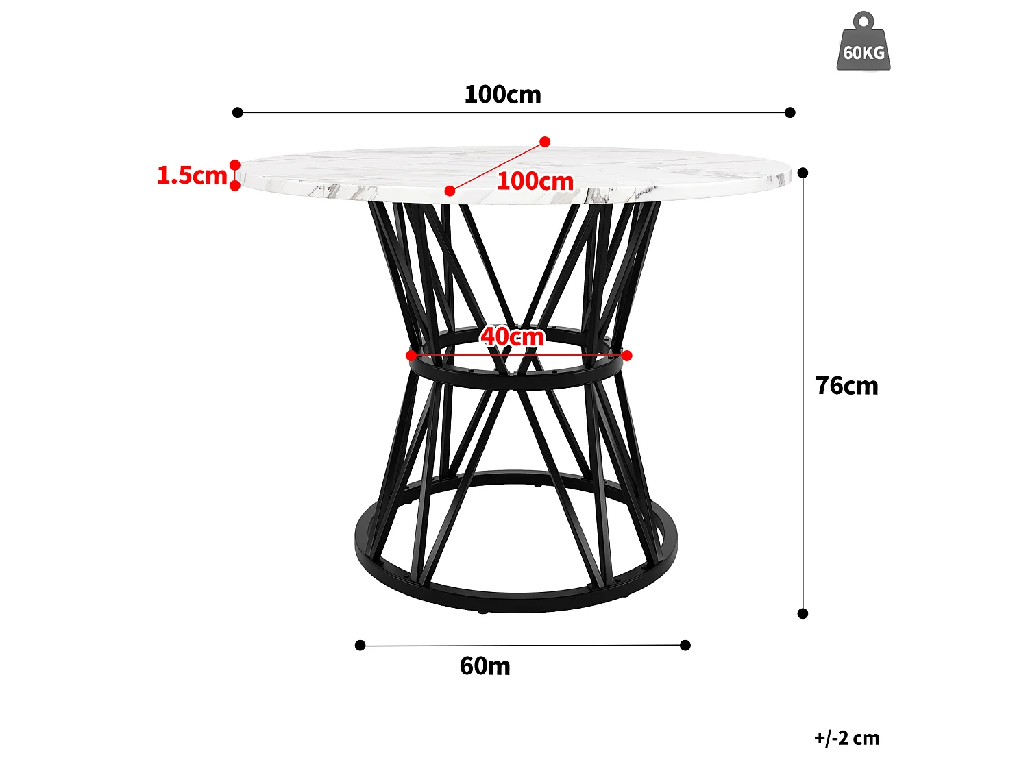 Table à manger ronde 100/100/76 cm avec pieds réglables et piètement métallique MDF noir
