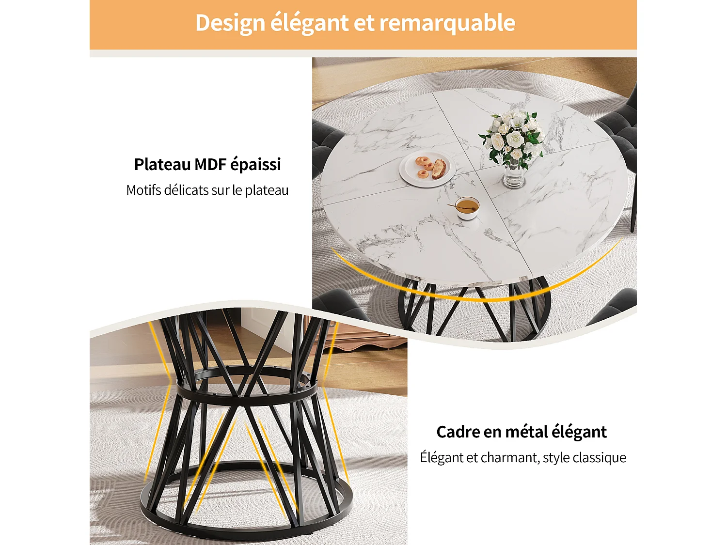 Table à manger ronde 100/100/76 cm avec pieds réglables et piètement métallique MDF noir