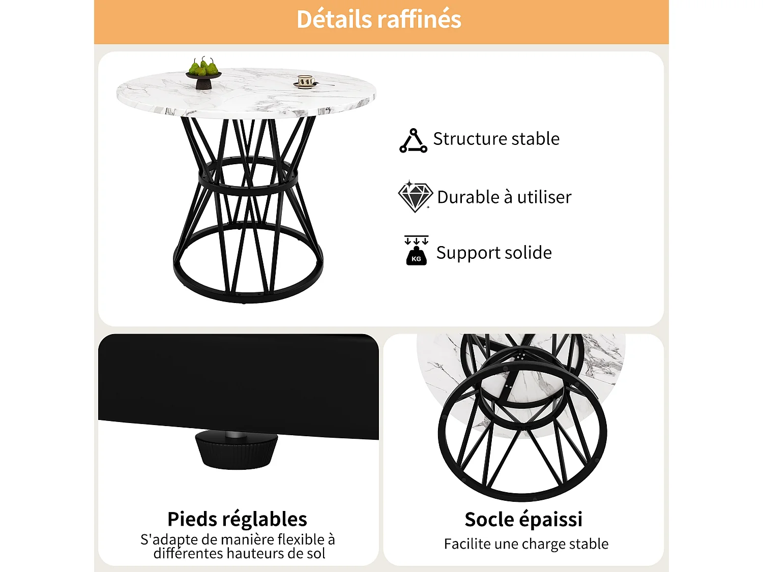 Table à manger ronde 100/100/76 cm avec pieds réglables et piètement métallique MDF noir