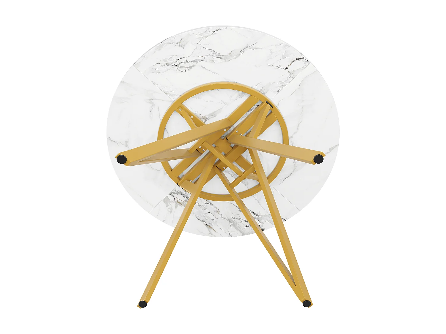 Table ronde 100×100×76cm, Plateau MDF marbré, Piétement métal stylé, Cuisine/Salon, Pieds dorés, 4 personnes
